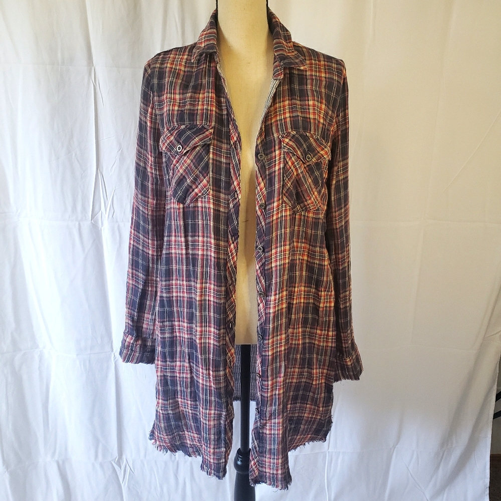 Sneak Peek Blue/Pink Plaid Frayed Cotton Gauze Long Button Up Shirt/Dress